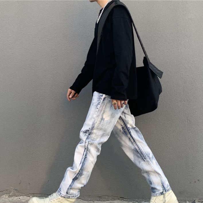 Men's Clothing Vibe Wind Water Washed Gradient Snowflake Rendering Straight All Match Jeans Design Hiphop Trendy Trousers Men_viptrois.com