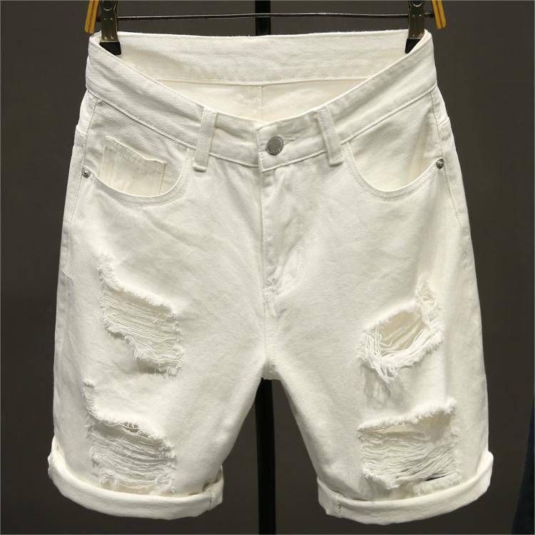 Men's Clothing Denim Shorts Thin White Ripped Mid Length Pants Five Point Jeans_viptrois.com