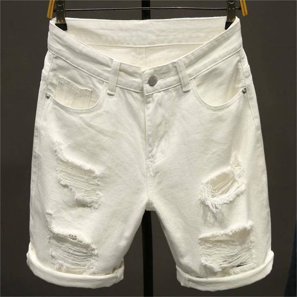 Men's Clothing Denim Shorts Thin White Ripped Mid Length Pants Five Point Jeans_viptrois.com
