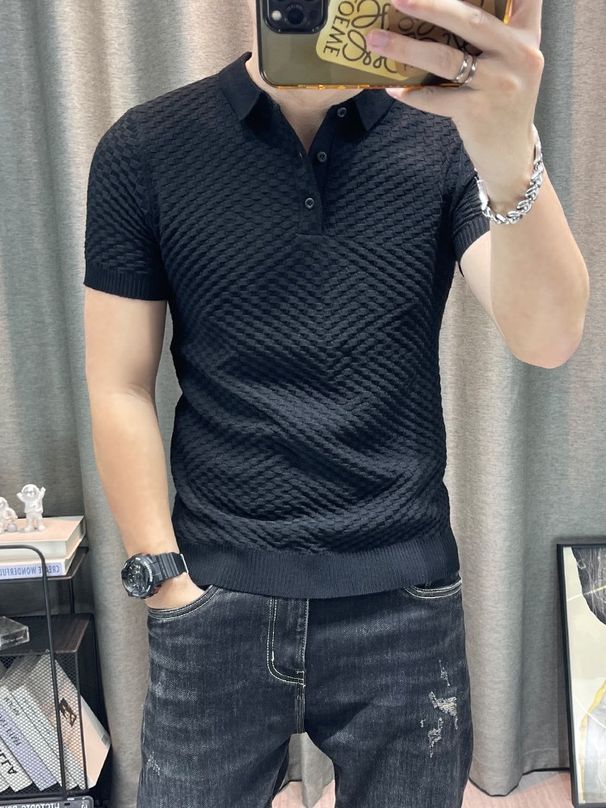Collared Men's Spring-summer Versatile Polo Collar Short-sleeve Knitted Stretch Slim-fit Youth Sweater_viptrois.com