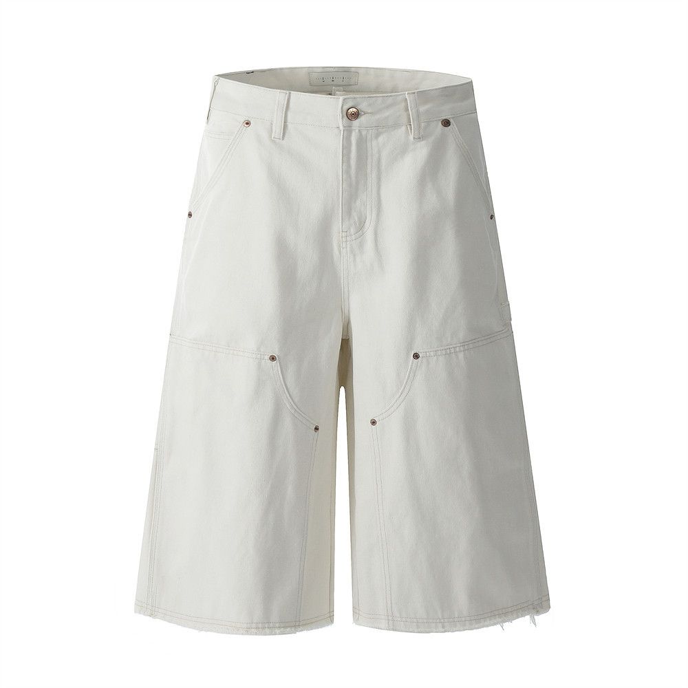 Men's Clothing Shorts Men's High Street Vibe Multi Pocket Workwear Wide Leg Straight Leg Raw Edge Design Loose Shorts_viptrois.com