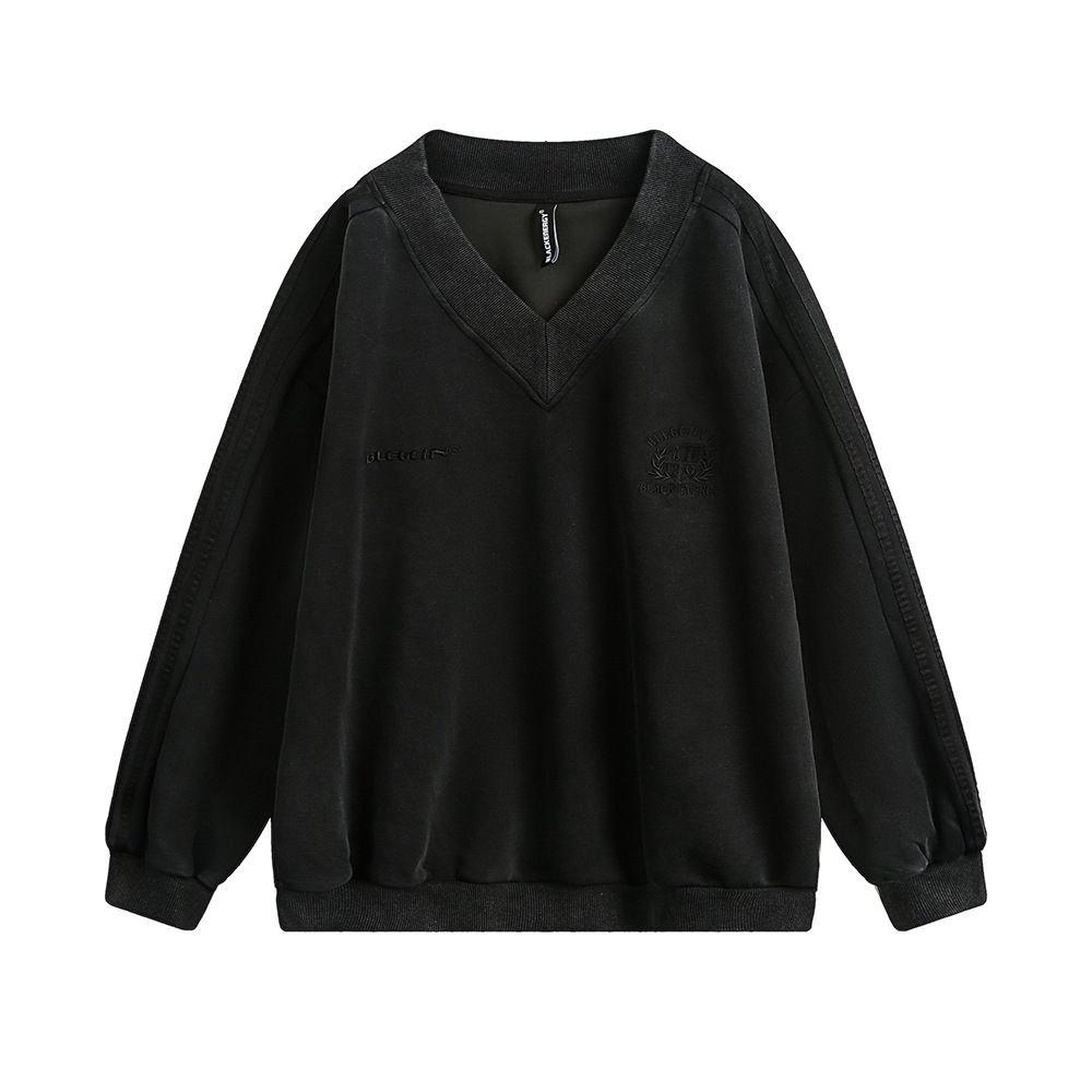 Patchwork Three-Stripe Casual Loose V-Neck Sweatshirt Men's Street Fashion Badge Embroidery Pullover Sports Shirt Spring_viptrois.com