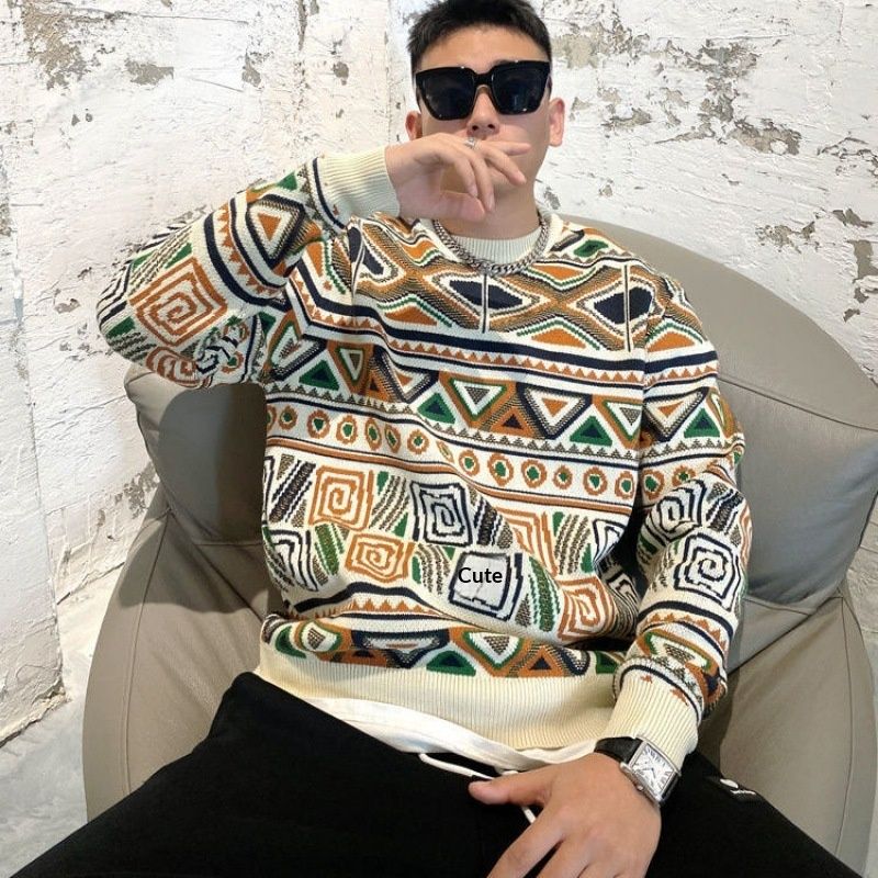 Loom Loom European Style Personality High-End Geometric Pattern Color-Block Slim Fit Knitted Men's Trendy Brand Round Neck_viptrois.com