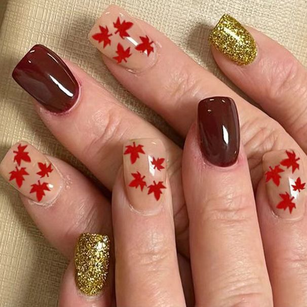 Short Glitter Square Armor Autumn and Winter Fashion Fire Red Maple Leaf Solid Color Glitter Press Wear Armor Female Universal 24 Pieces_viptrois.com
