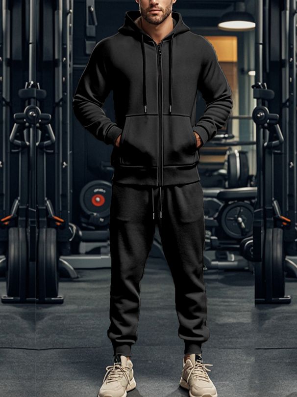 Men's Clothing autumn and winter men's solid color plus velvet warm waterproof zipper long sleeve hooded casual sports suit_viptrois.com