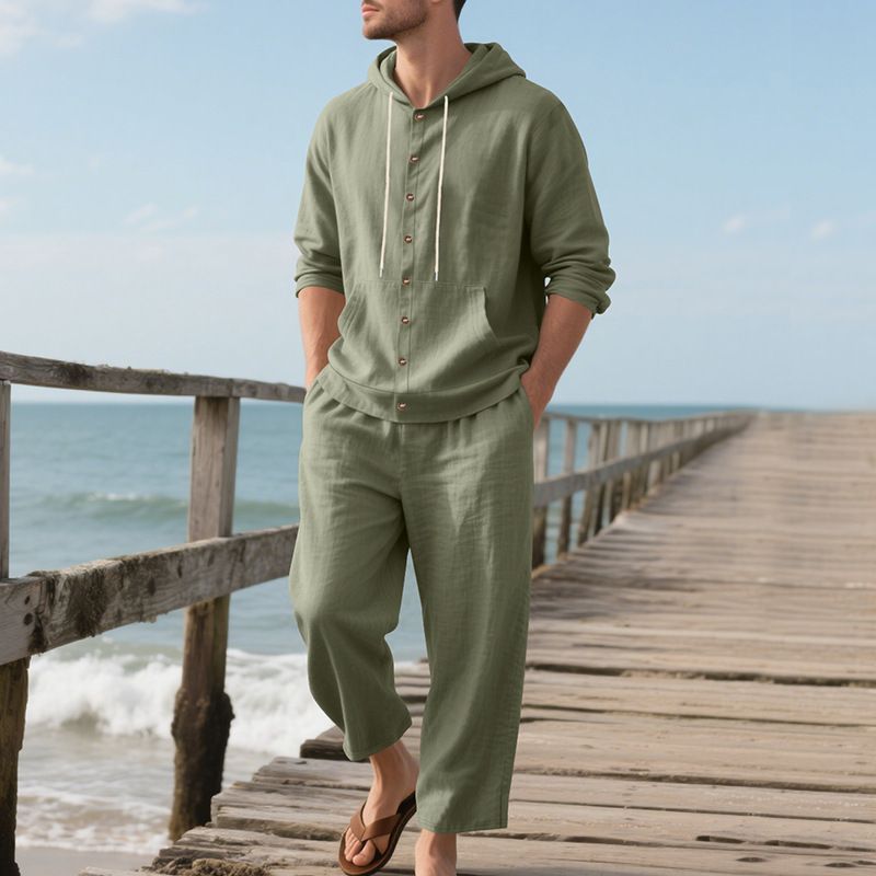 Men's Summer Casual Suit Loose Fit Linen Hooded Long Sleeved Shirt And Trousers American Style_viptrois.com