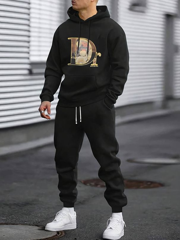 Men's Autumn/Winter Casual Fashionable Warm Printed Loose Thick Hooded Sweatshirt + Sweatpants Set_viptrois.com