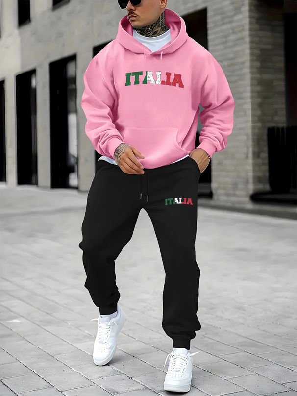 Men's Autumn And Winter Casual Fashion ITALIA Letter Printed Loose Suede Thick Hooded Sweatshirt+sports Pants Set_viptrois.com