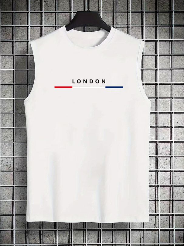 100% Pure Cotton Men's Summer Casual Sports Fitness Loose LONDON Letter Pattern Printed Breathable Round Neck Sleeveless Vest_viptrois.com