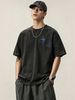 230g Washed Men T-Shirt Blue Cross Text Print Short Sleeve Crew Neck Casual Streetwear Top_viptrois.com