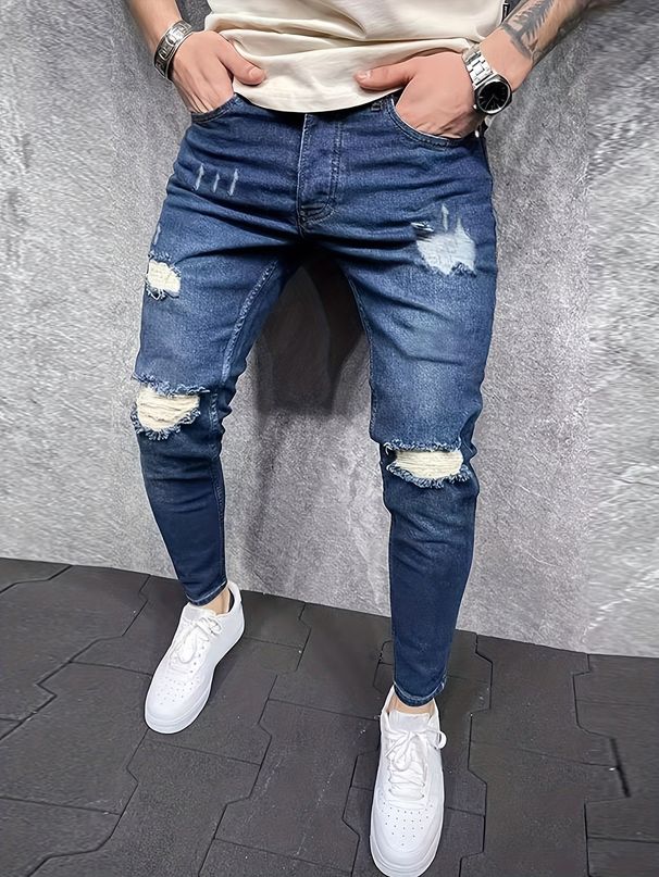 Men's Clothing Fashion Trend Elastic Skinny Jeans Elastic Broken Copper Slim Jeans For Men_viptrois.com