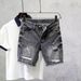 Men's Clothing Ripped Denim Shorts Men's Summer New Style Black And Gray Slim Straight Pants High Street All Match Shorts_viptrois.com