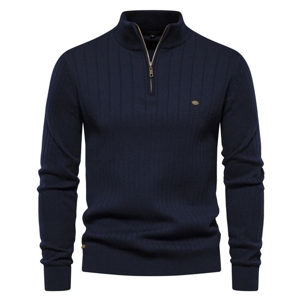 Autumn And Winter New Stand Collar Men's Half Zipper Solid Color Knitted High Quality Sweater Men_viptrois.com