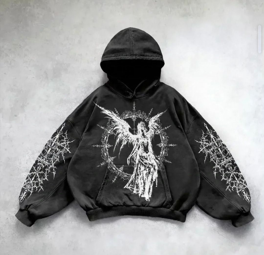 Cartoon Angel Print Long Sleeve Hooded Pullover Oversized Harajuku Sweatshirt New Arrival_viptrois.com