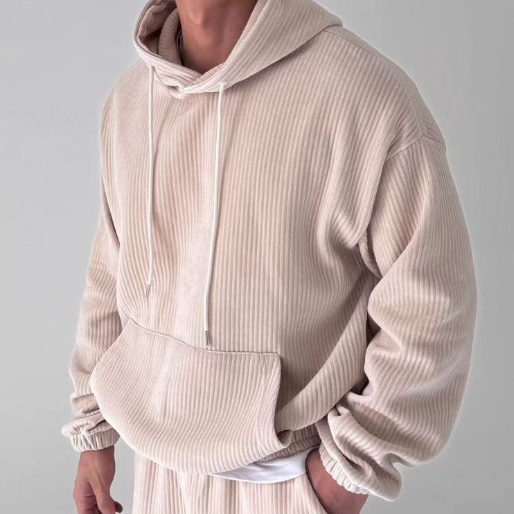 Men's Corduroy Hooded Sweatshirt - Casual Pullover With Large Pockets For Autumn Winter, Home & Sports Wear_viptrois.com
