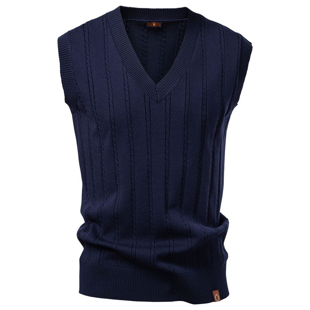Pulse V-Neck Cross-Border Business Vest Waistcoat European Size Sweater 2025 Autumn Winter Men's Cable Knit Navy Blue_viptrois.com