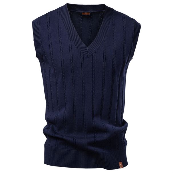 Pulse V-Neck Cross-Border Business Vest Waistcoat European Size Sweater 2025 Autumn Winter Men's Cable Knit Navy Blue_viptrois.com