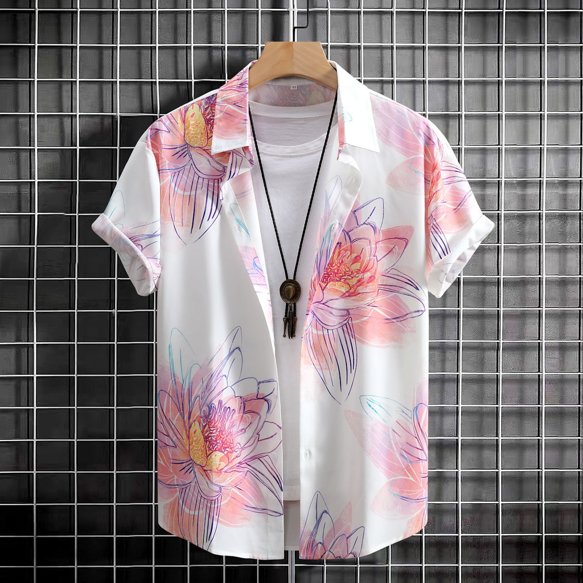 Men's Clothing Big Flower Digital Printing Four-sided Stretch Men's Short-sleeved Shirt Men's Shirt Summer 2024 New Cross-border_viptrois.com