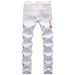 Men's Slim Fit White Distressed Jeans With Embroidery & Print, Stretch Denim Tapered Leg Casual Trousers_viptrois.com