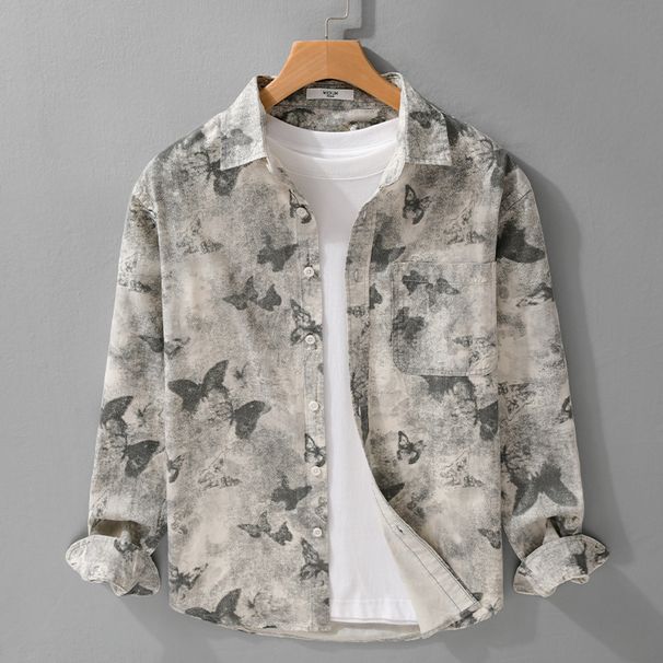 Spring And Autumn Men's Butterfly Printed Simple Long Sleeve Shirt Trendy Casual Loose Youth Versatile Men's Shirt_viptrois.com