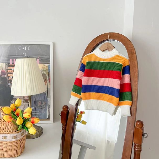 Mother & Kids Children's Rainbow Sweater Boys 2024 Autumn And Winter Baby Loose Lazy Top Girls Striped Knitted Pullover_viptrois.com