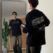 Black Shoulder Long Sleeved T-Shirt For Men In Spring Autumn Vintage American Print Hoodie With Round Neck And Bottom_viptrois.com