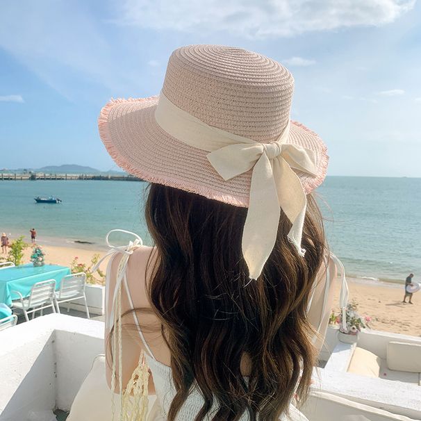 Fur brimmed straw with a y ribbon bow for protection, women's leisure and vacation beach hat, sun shading gift hat_viptrois.com