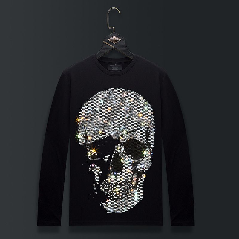 Men's Clothing Trendy Long Sleeved Men's T Shirt Spring And Autumn Round Neck Inner Bottoming Shirt Men's Clothing Modal Hot Diamond Skull_viptrois.com