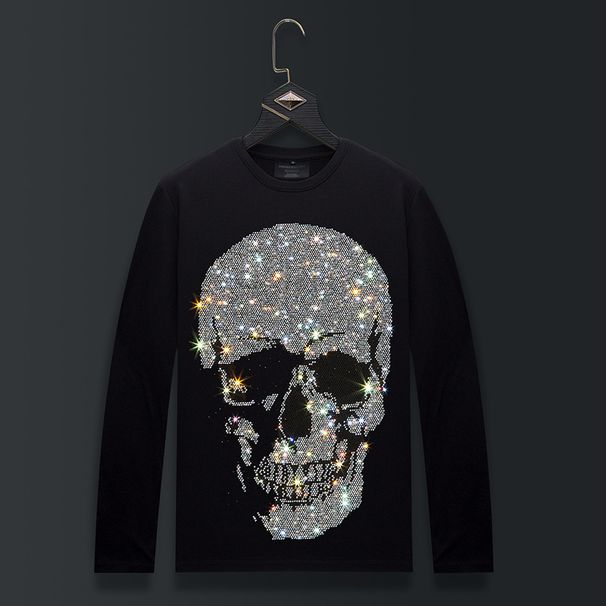 Men's Clothing Trendy Long Sleeved Men's T Shirt Spring And Autumn Round Neck Inner Bottoming Shirt Men's Clothing Modal Hot Diamond Skull_viptrois.com