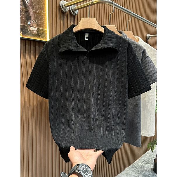 Men's Textured Wheat Ear Pattern Polo Shirt Short Sleeved Summer Heavyweight Trendy Brand Turn Down Collar Shoulder Design American_viptrois.com