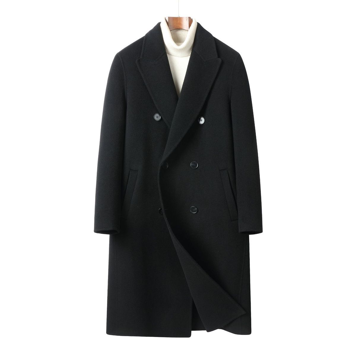 Men's Premium Wool Overcoat - British Style Double-Breasted Knee-Length Trench Coat (M-4XL, Black/Taupe)_viptrois.com