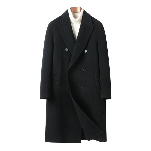 Men's Premium Wool Overcoat - British Style Double-Breasted Knee-Length Trench Coat (M-4XL, Black/Taupe)_viptrois.com