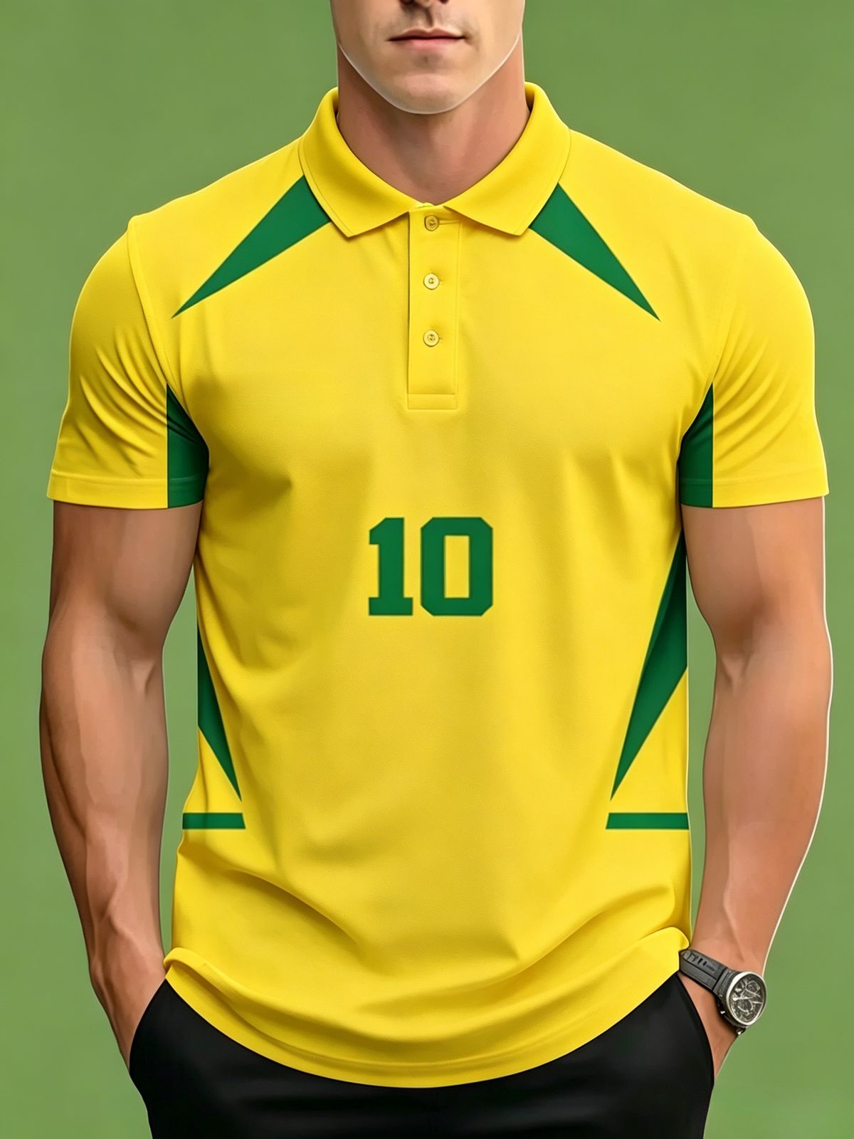 Polo Uomo Taglio Dritto Traspirante Stampa Numero 10 Fantasia Brasiliana Giallo-verde, Colletto Manica Corta Casual Stadio Quotidiano_viptrois.com