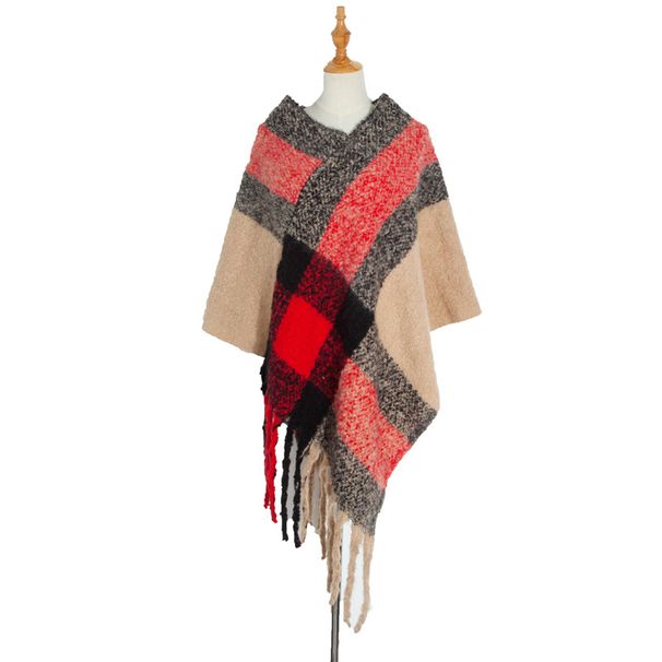 Unisex Women's shawl thick tassel loop yarn plaid cape_viptrois.com