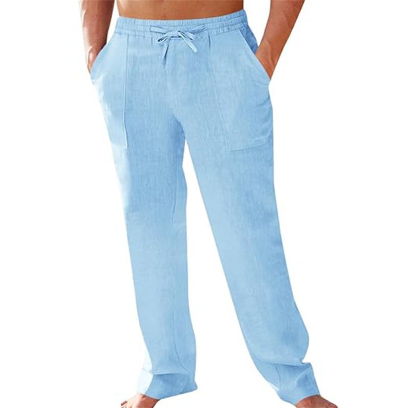 Men's Clothing Men's Linen Casual Elastic Waist Solid Color Loose Straight Drawstring Breathable Fashion Trousers_viptrois.com
