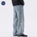 Men's Clothing High Street Sky Blue Washed Jeans Relaxed Straight Fit Vintage Distressed Whiskering Casual Style | Comfortable Cotton (88%)_viptrois.com