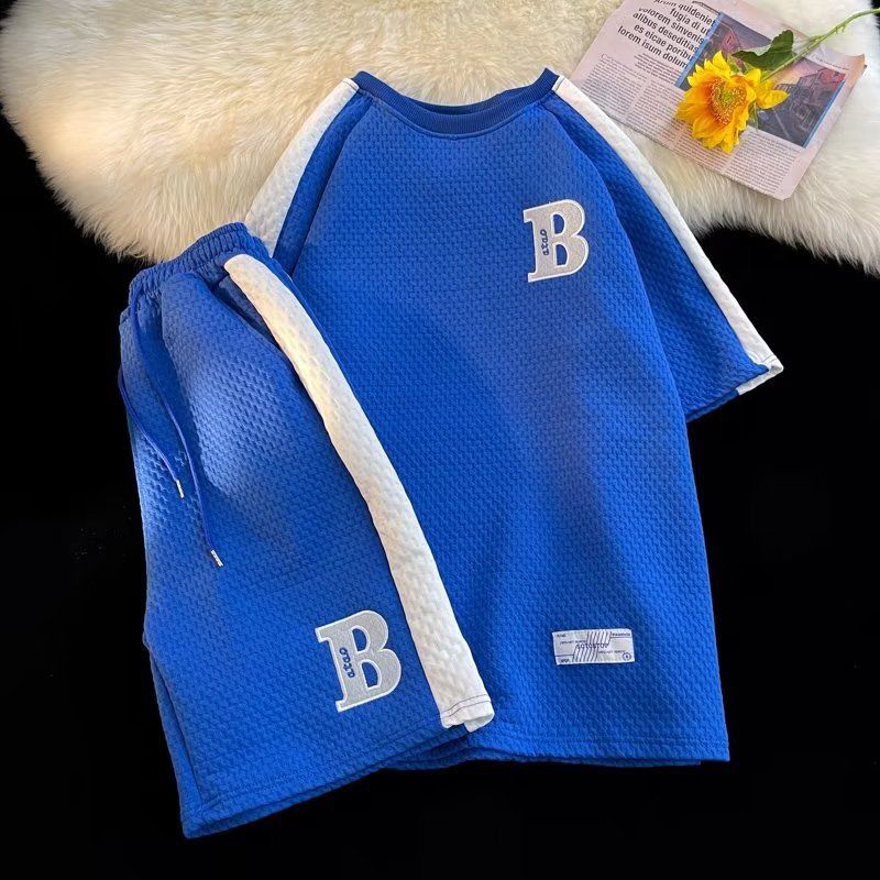Men's Clothing Summer Color Matching Waffle Casual Sports Suit Men's Student Loose Short-sleeved Tops Shorts Two-piece Suit_viptrois.com