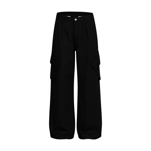 American High Street Large Pocket Cargo Straight Long Men's Vibe Trendy Brand Denim Versatile Solid Color Loose Wide-Leg_viptrois.com