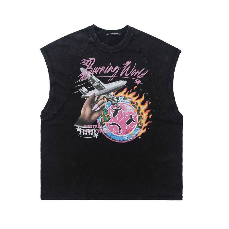 Street Fashion 300g Printed Hand-Washed Raglan Sleeveless T-Shirt_viptrois.com