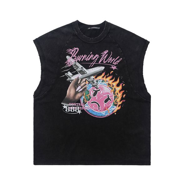 Street Fashion 300g Printed Hand-Washed Raglan Sleeveless T-Shirt_viptrois.com