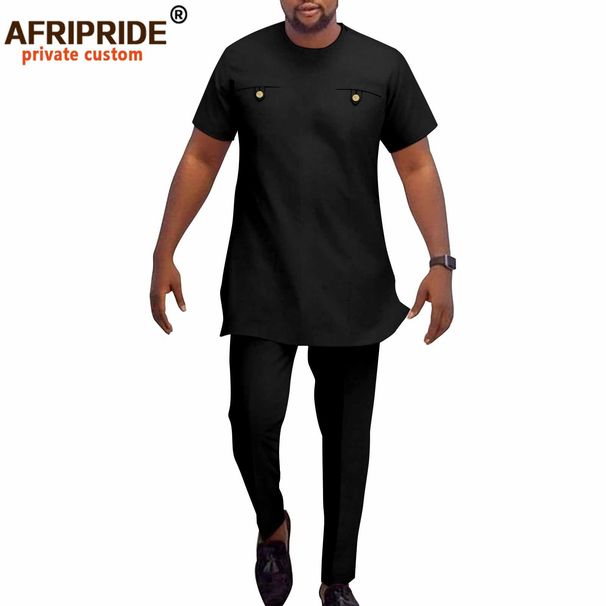 Men's Casual Cotton Short Sleeve Set Africa Print Two-Piece Clothing Polyester Muslim Sets_viptrois.com
