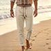 Men's Casual Linen Trousers mid Waist Straight Leg Bohemian Beach Pants Loose Fit Summer Black Solid Color Polyester_viptrois.com