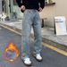 Men’s Fleece-Lined Jeans – Winter Warm Loose Fit, Straight Leg, Retro Blue & Black Washed Denim_viptrois.com
