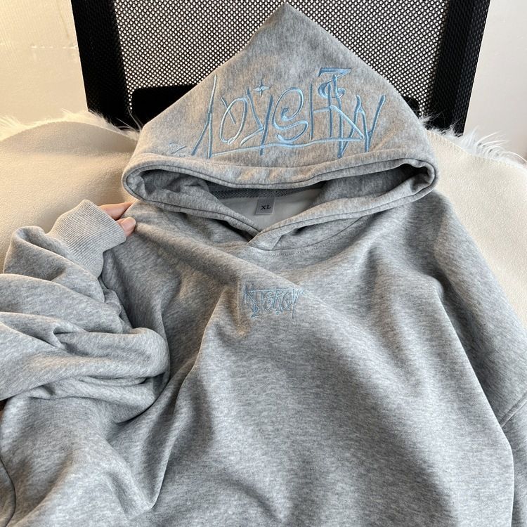 Heavyweight Embroidered Hoodie – Fleece-Lined Unisex Oversized Sweatshirt With Lettering (Grey/Black, M-XXXL)_viptrois.com
