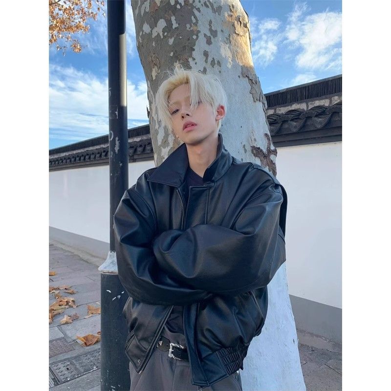 Men's Clothing Black Short Cleanfit Leather Jacket For Men Autumn And Winter High End Handsome Pilot Motorcycle Jacket_viptrois.com