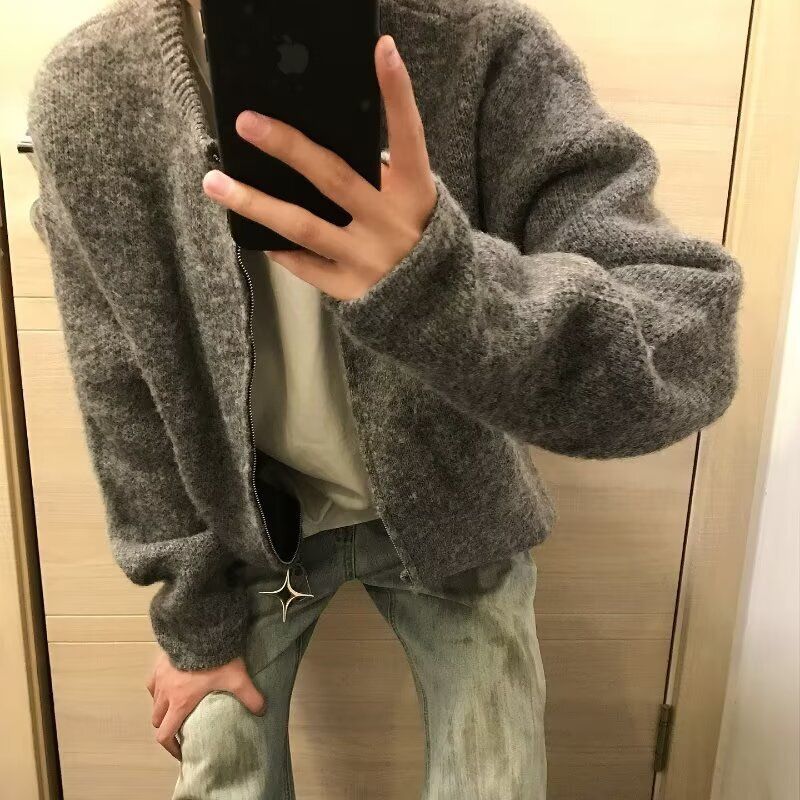 Knitted Cardigan Jacket, Thickened Sweater, Youth Baseball Collar, Knitted Sweater, Men's Sweater_viptrois.com