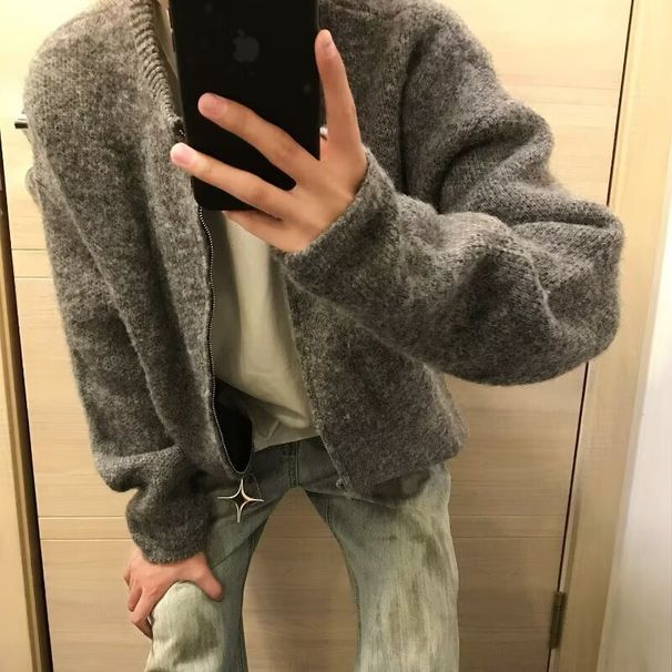 Knitted Cardigan Jacket, Thickened Sweater, Youth Baseball Collar, Knitted Sweater, Men's Sweater_viptrois.com
