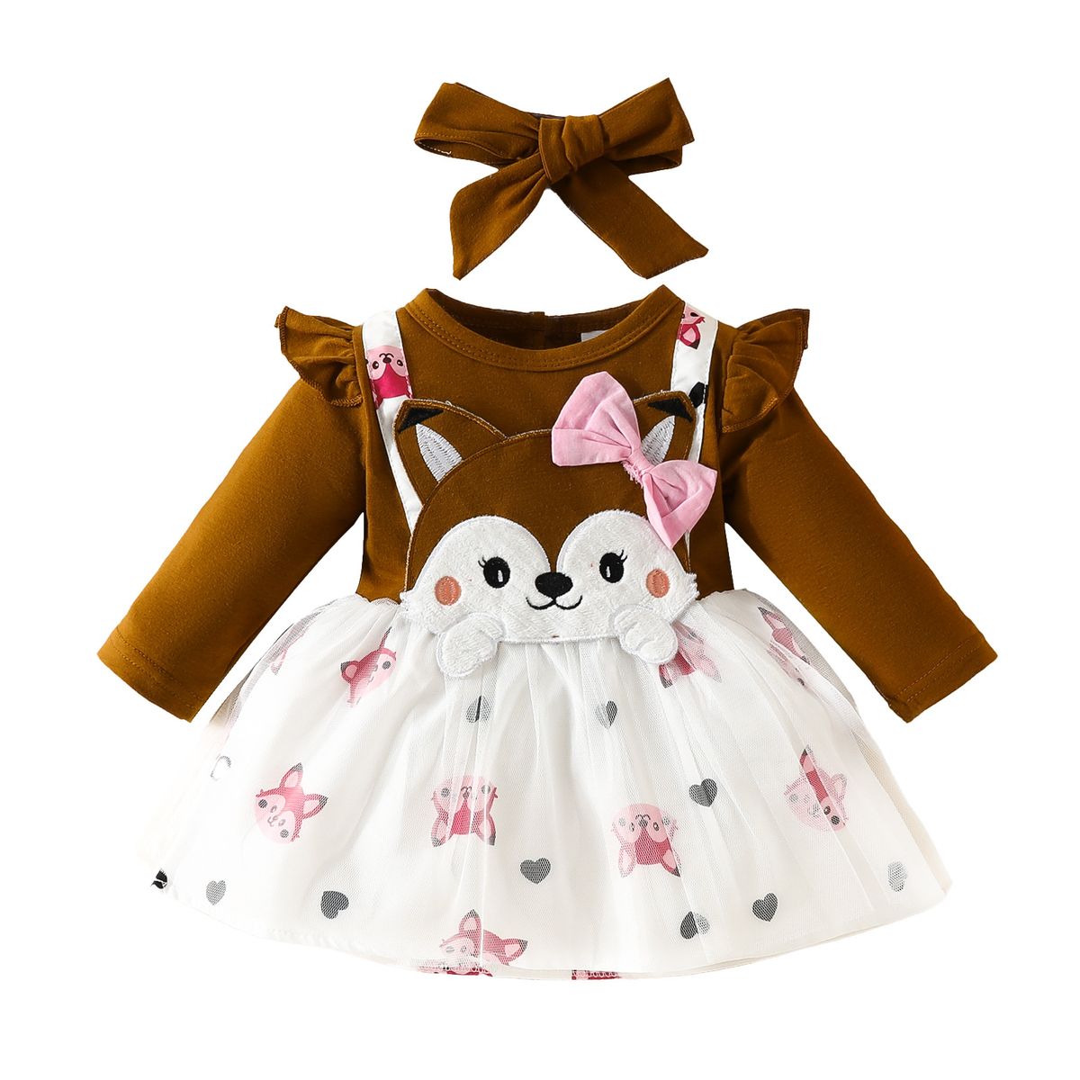 Babies' clothes baby girl long-sleeved fox embroidered false strap mesh dress girls spring and autumn bowknot printed skirt_viptrois.com