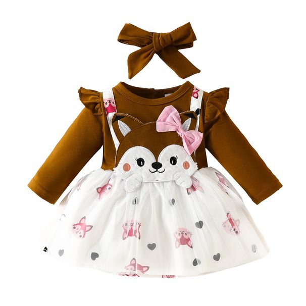 Babies' clothes baby girl long-sleeved fox embroidered false strap mesh dress girls spring and autumn bowknot printed skirt_viptrois.com