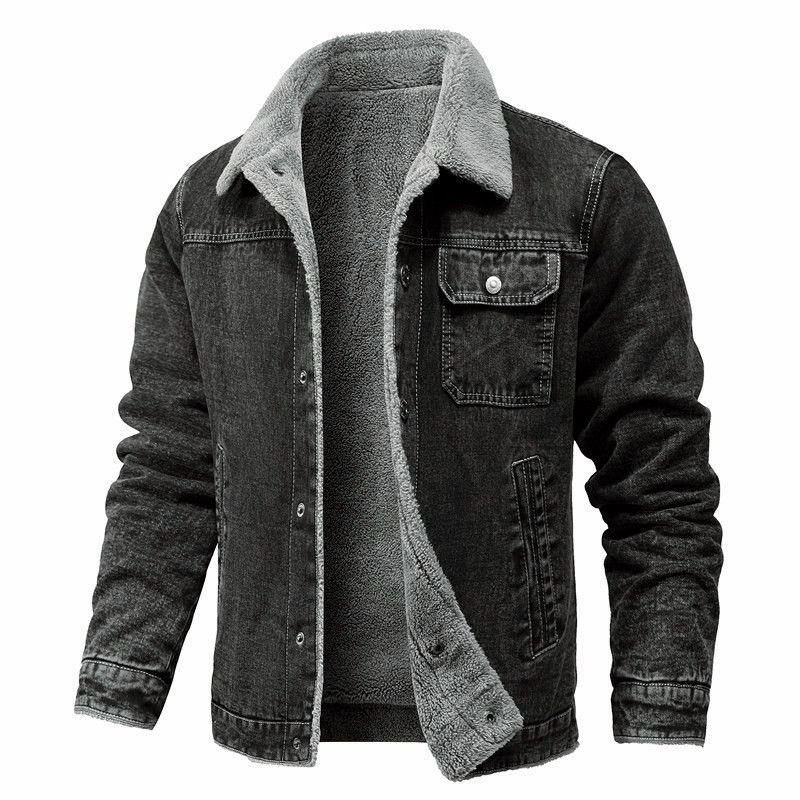 "Men's Heavyweight Fleece-Lined Work Jacket – All-Season Cotton-Polyester Blend With Utility Pockets | Black/Dark Gray | Sizes M-5XL"_viptrois.com